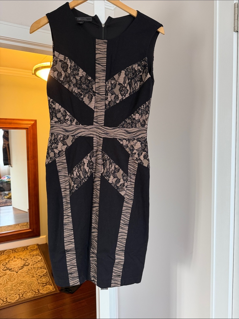 BCBGMaxAzria Black and Beige Lace-Trim Sheath Dress size S